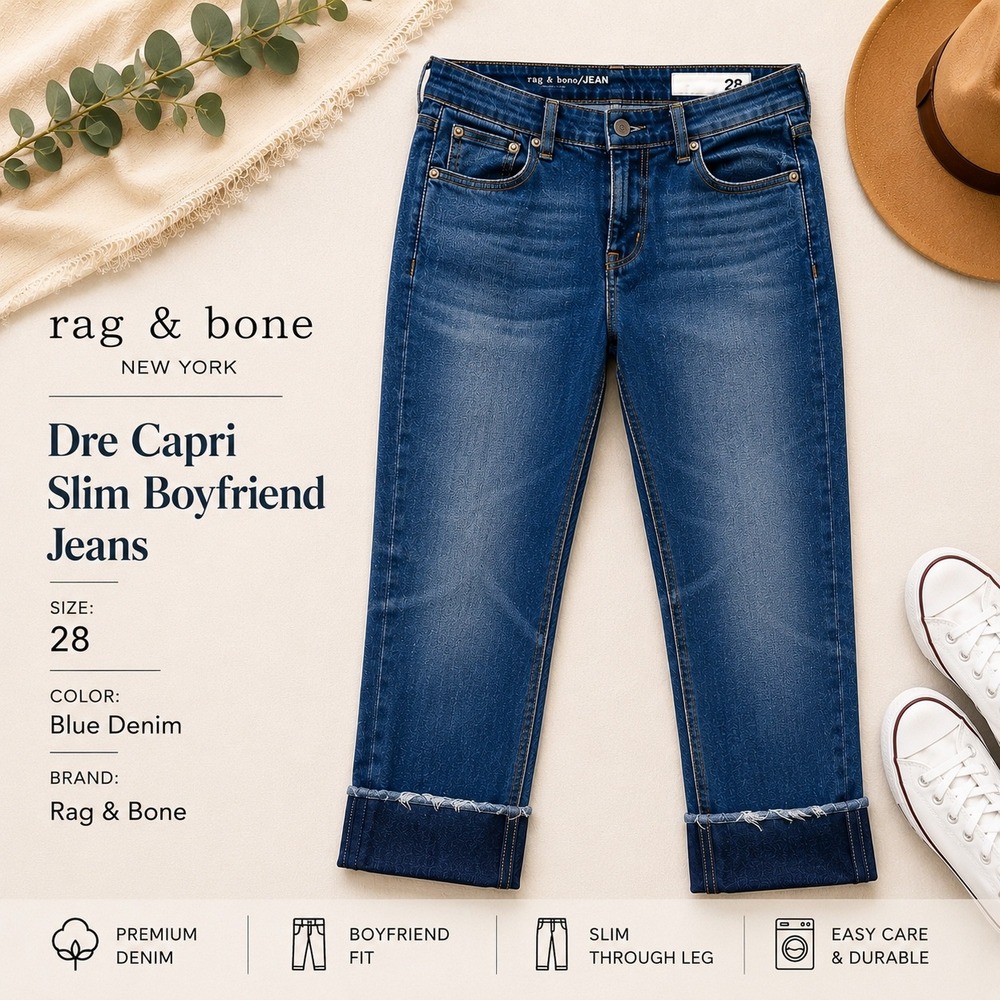 Rag & Bone Dre‎ Capri Slim Boyfriend Jeans Blue Denim Size 28